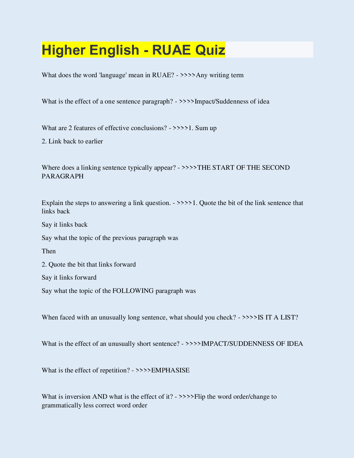 Higher English RUAE Quiz 50 Questions with 100 Correct Answers